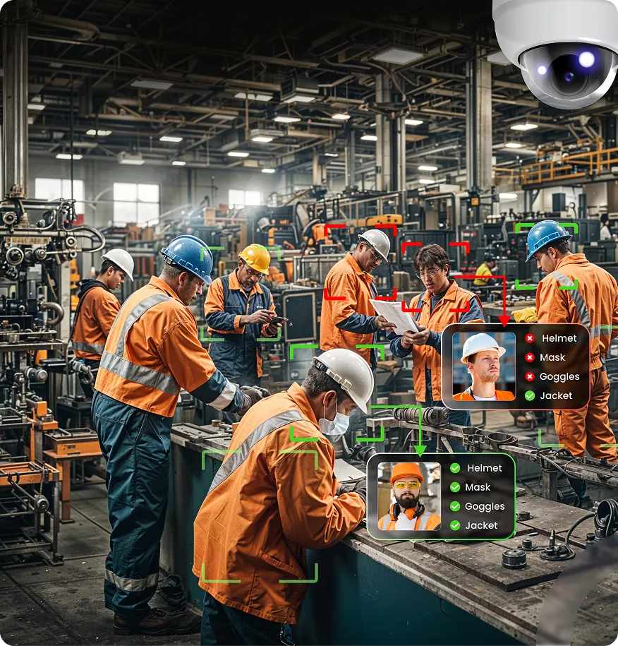 Factory floor with PPE detection using AI overlay
